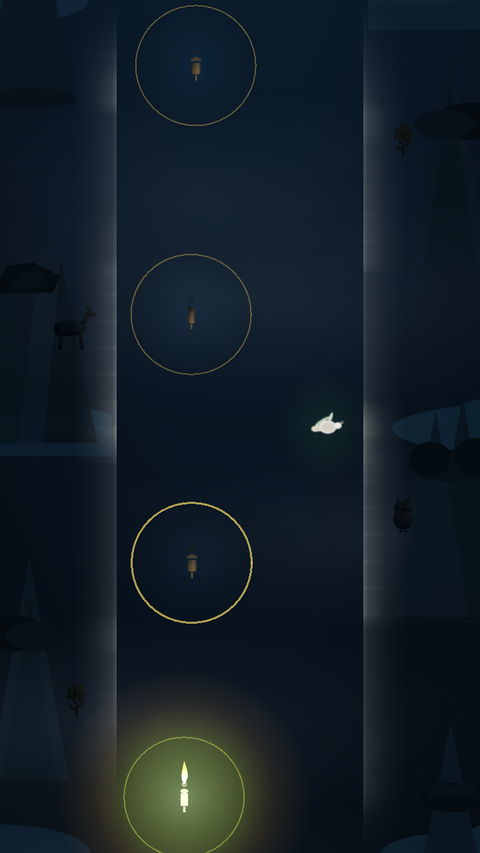 Glowtether gameplay: a lit lantern glowing at the bottom of a dark forest corridor, with unlit lanterns and their orbit rings above.